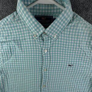Vineyard Vines Button Up Cotton Blue Check Flannel Slim Fit Whale Medium Adult